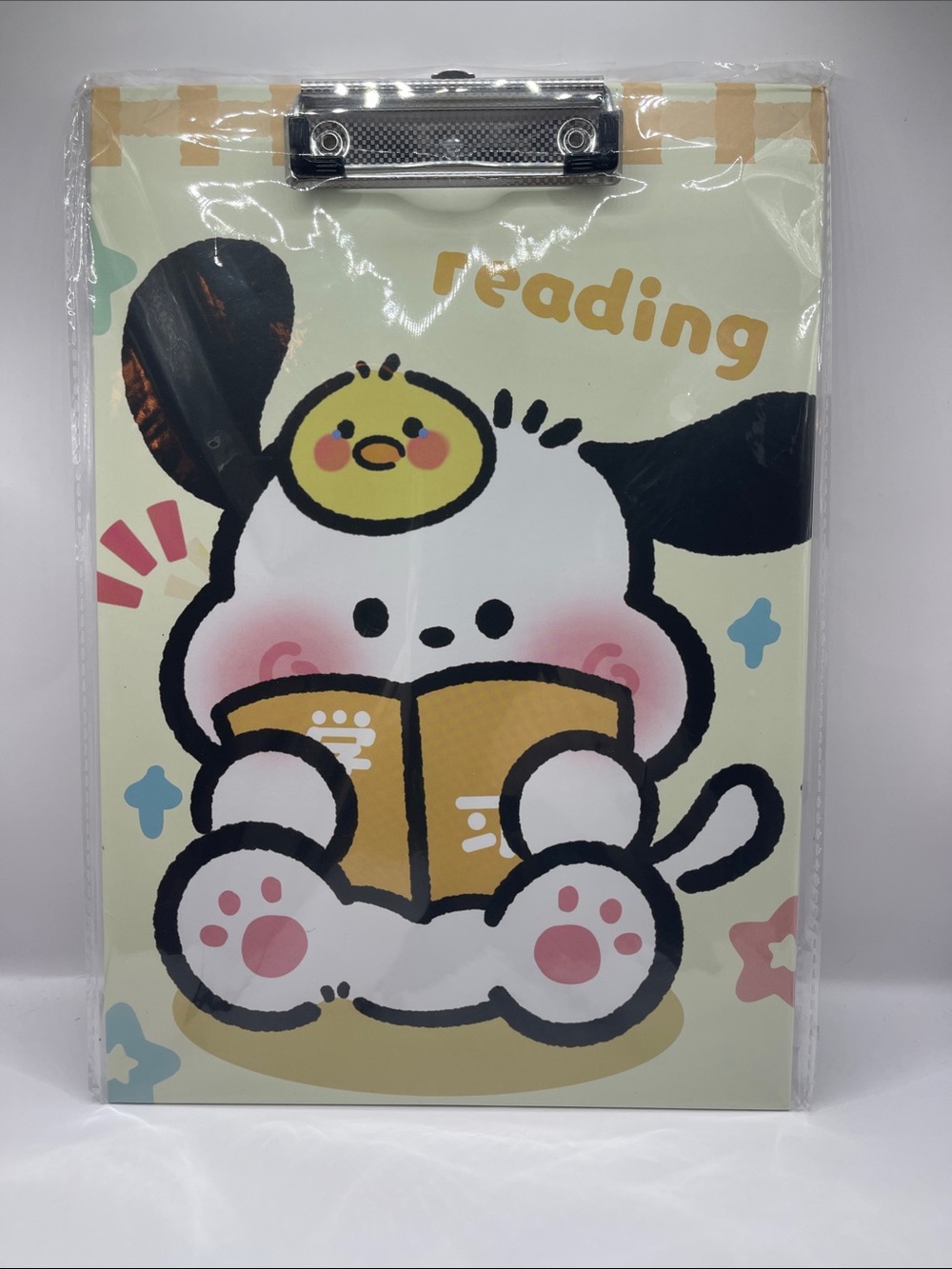 Pochacco Reading Cartoon Clipboard with Chick Accent - Yellow & Pink